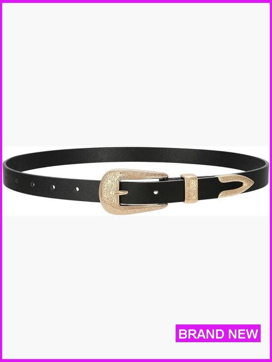 Accessories - Western Skinny Vegan Leather Belt Carved Buckle Adjustable Waist Slim Fit